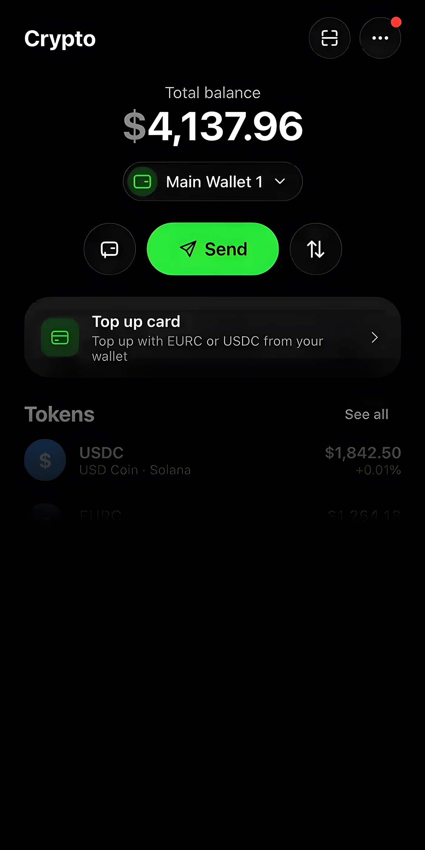 Crypto screen, total balance with USDC and EURC on Solana